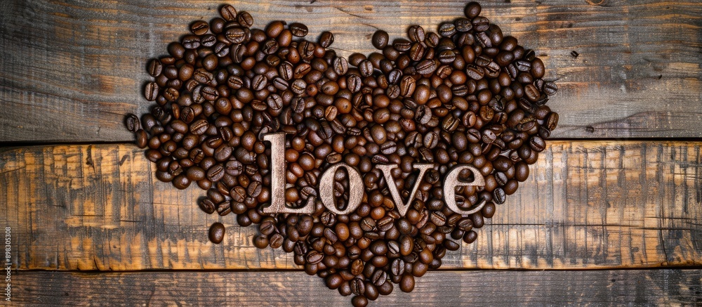 Aufkleber coffee beans arranged to form a heart shape and the word love on a wooden background with plenty of 