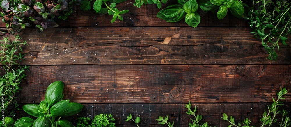 Sticker top down view of freshly picked garden herbs on a wooden surface with space for text or images. crea