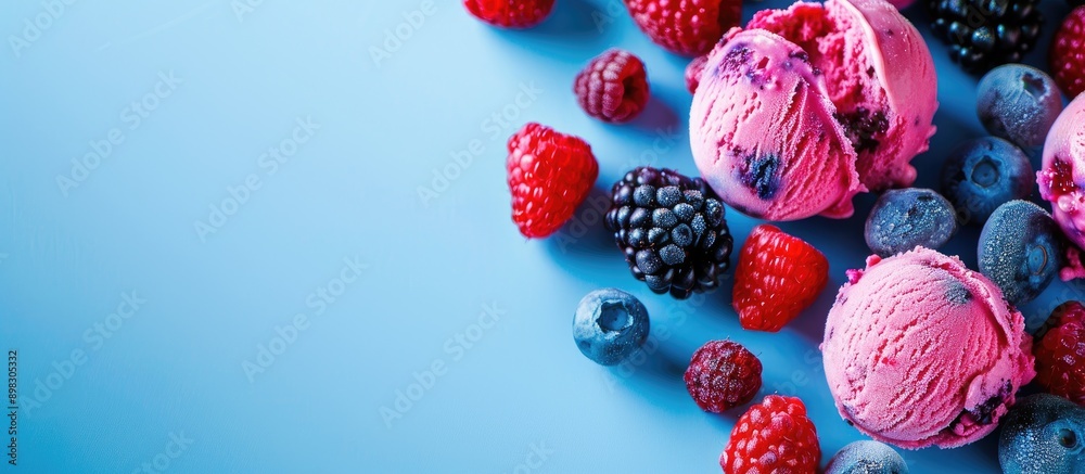 Aufkleber a blue backdrop displays a colorful ice cream serving topped with blueberries blackberries and raspb