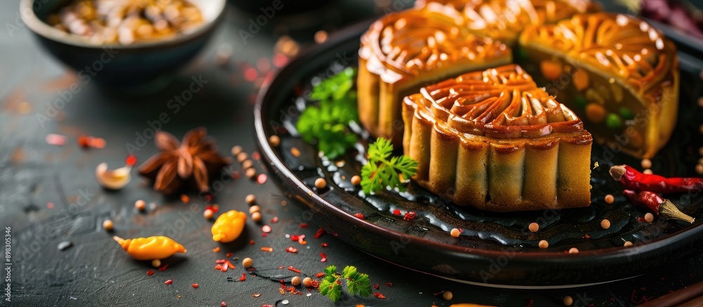 Poster classic moon cake with a filling of green beans and salted eggs shown in a copy space image