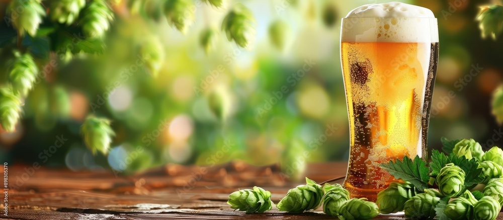 Poster beer glass with hops displayed in a copy space image