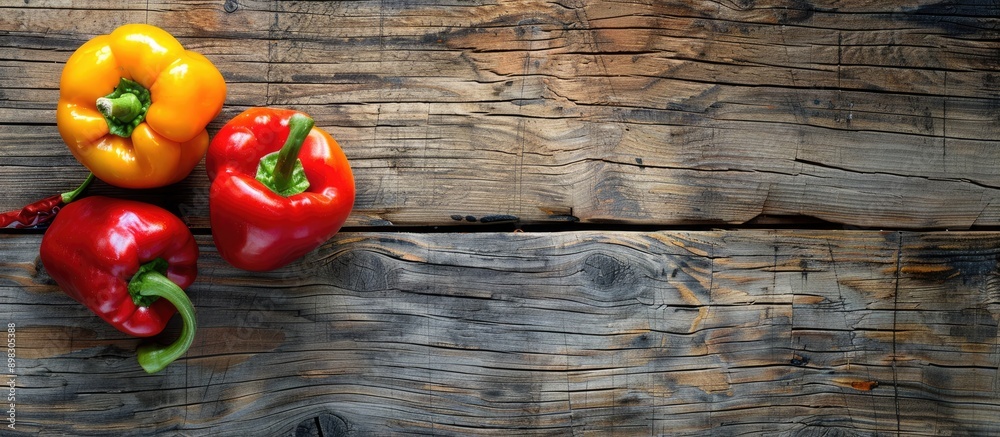 Poster top view of a bulgarian pepper and paprika on a wooden surface with ample copy space image available