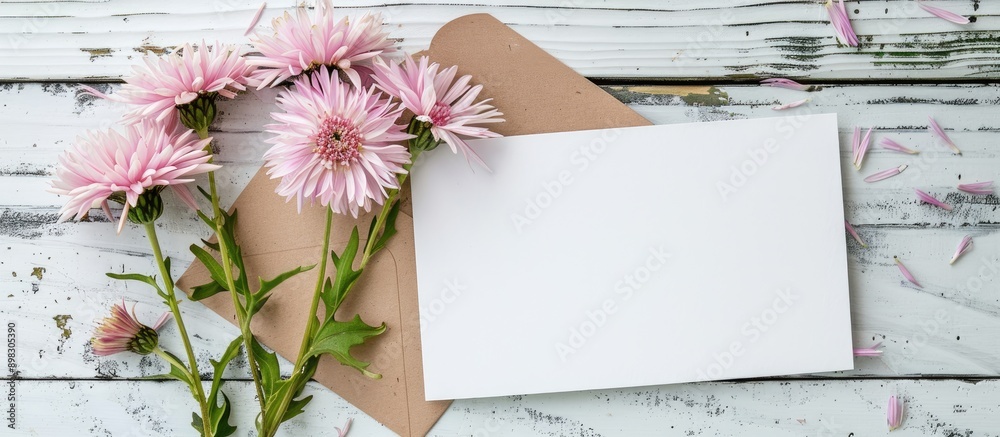 Aufkleber top view of a blank white greeting card featuring a bouquet of pink aster flowers with an envelope p
