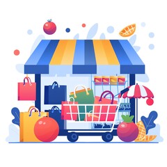 Obraz premium Colorful illustration of a market stall with shopping bags, a shopping cart, and fresh fruits, representing vibrant retail and commerce.