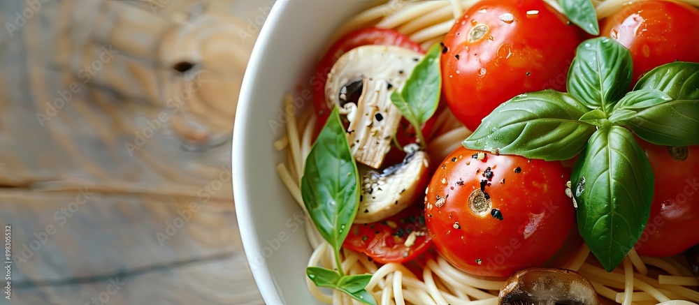 Poster A dish of spaghetti garnished with three tomatoes and mushrooms creating a visually appealing meal with copy space image