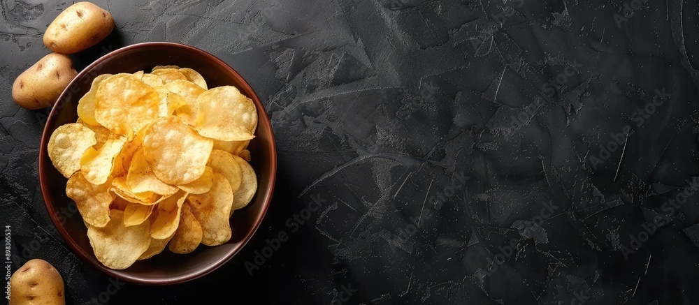Poster an aerial view of a bowl of potato chips and raw potatoes placed on a black textured surface with co