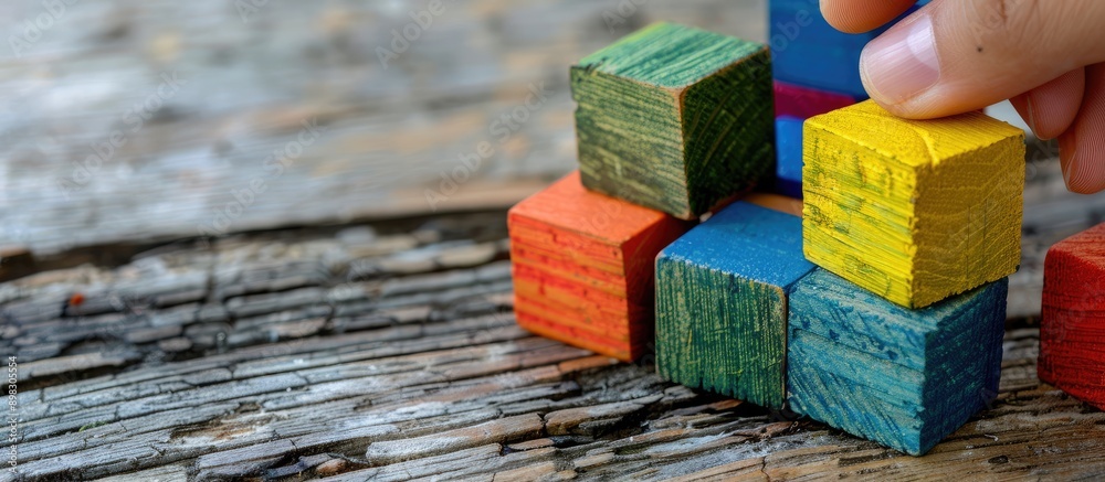 Poster Colorful wooden building blocks and a cube for an educational concept with a hand holding a wooden block arranged with a copy space image