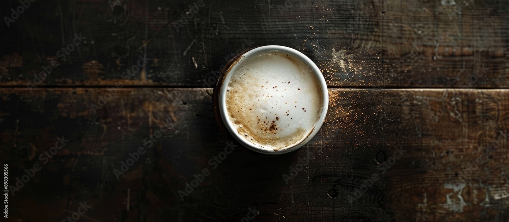 Aufkleber top view of a cappuccino topped with milk on a dark wooden surface showcasing a free copy space imag