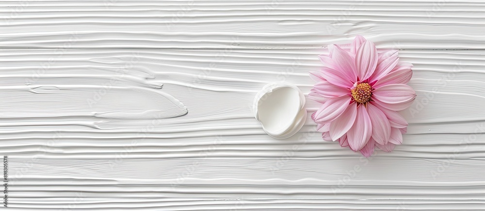 Poster a cosmetic cream displayed on a white wood table with a delicate pink flower and ample copy space im