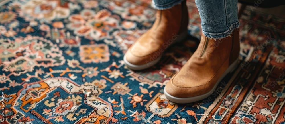 Poster closeup of a woman at home on a patterned carpet with copy space image