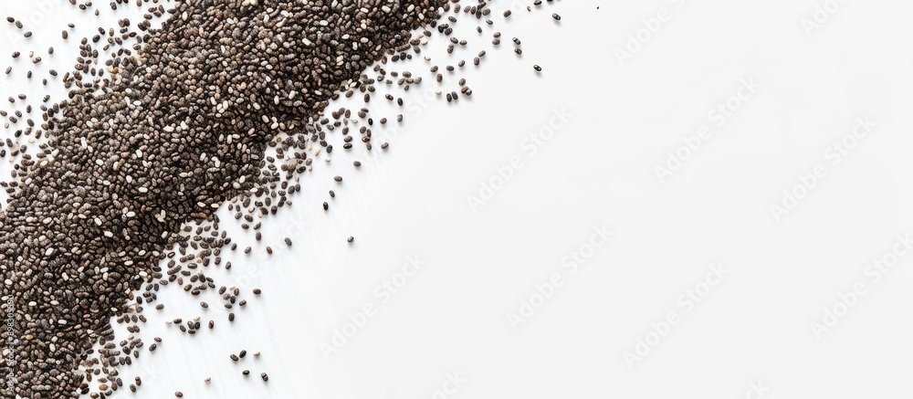 Poster close up top view of chia seeds isolated on a white background with copy space image