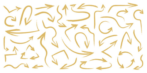 Arrow hand drawn set. Golden arrows in different directions with smooth bends. Vector illustration