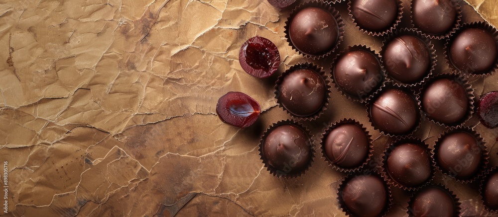 Poster Dark chocolate candies filled with natural plum showcased in an antique paper like background with empty space for text or graphics. Creative banner. Copyspace image
