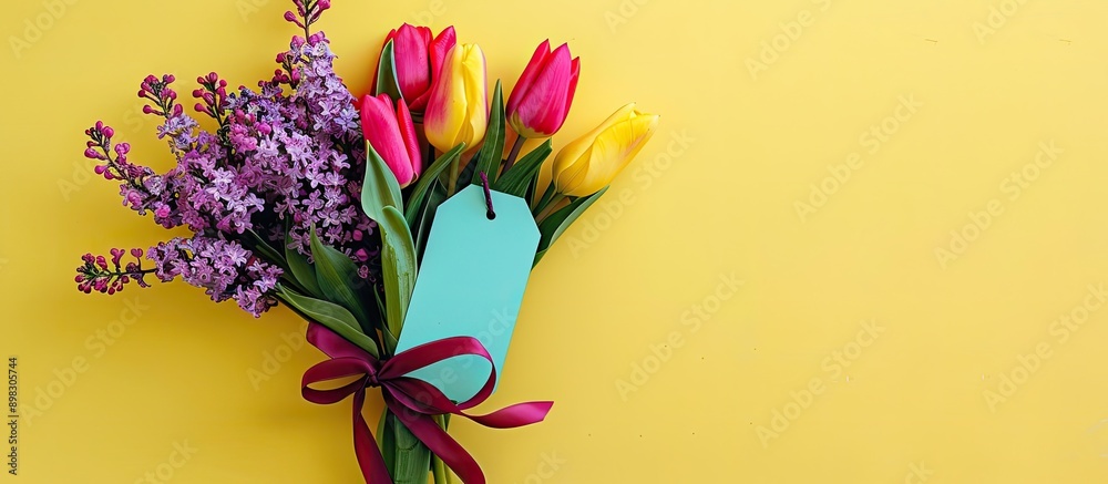 Aufkleber Top view of a bouquet of tulips and lilacs wrapped in ribbon with a cyan blue price tag against a light yellow backdrop evoking a spring and festive atmosphere with copy space image available
