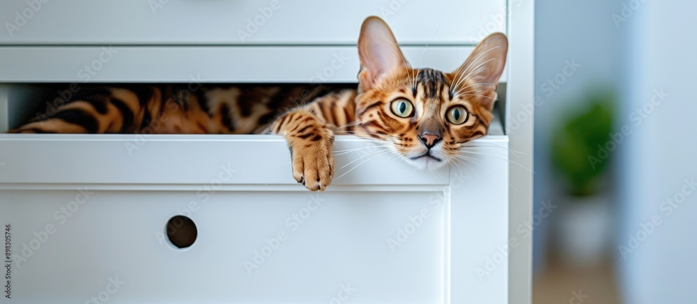 Poster a bengal cat is concealed in the wardrobe s white drawer with copy space image
