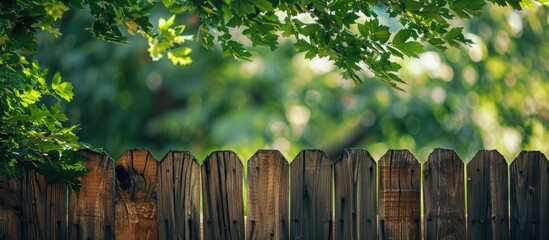 Fototapeta premium During the day a weathered brown fence beneath the leafy branches of a tree provides shade with a natural textured background framing the image with copy space