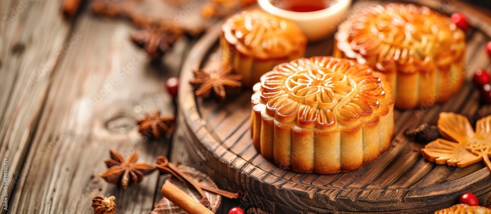 Poster close up of a mooncake on a wooden table background perfect for copy space image with traditional ch