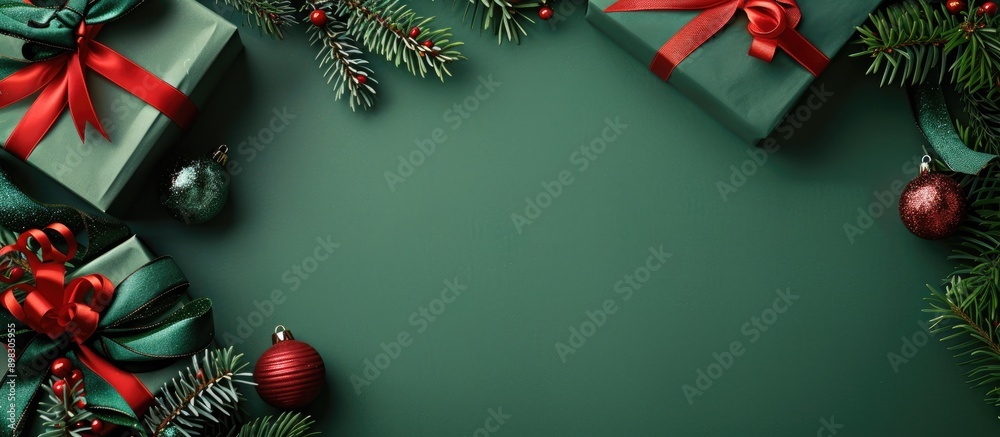 Poster christmas gift boxes with green and red ribbons on a green backdrop complete with a fir tree branch 