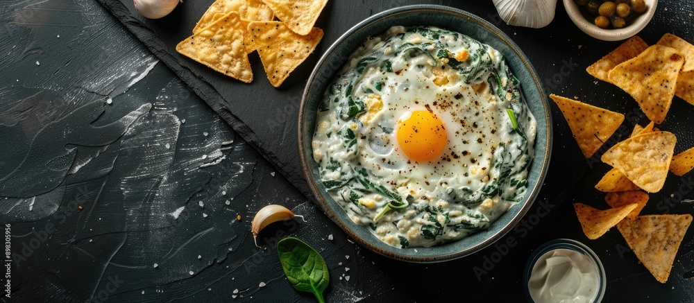 Poster A delicious spinach dip with eggs in a bowl garlic and nacho chips on a black table in a flat lay arrangement featuring ample room for text in the image