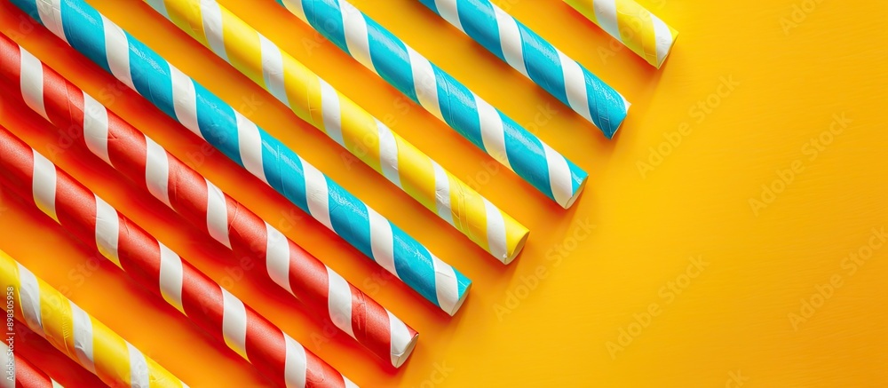 Poster A vibrant display of paper straws on a bright yellow backdrop with a space for text or design. Creative banner. Copyspace image