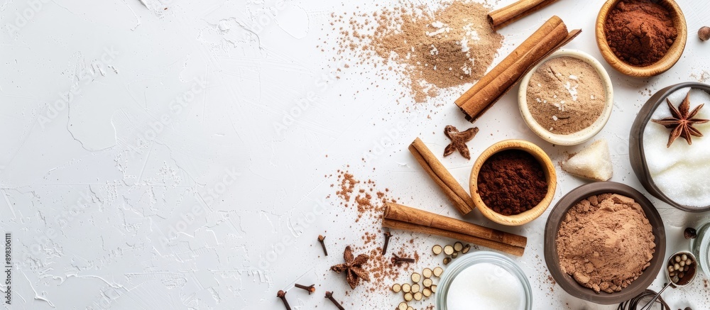 Poster Baking and dessert essentials like cinnamon cocoa sugar and spices displayed in a top view white background copy space image