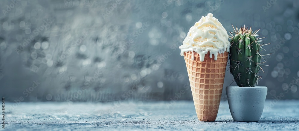 Aufkleber creative concept photo featuring an ice cream cone and a cactus set against a gray backdrop with cop
