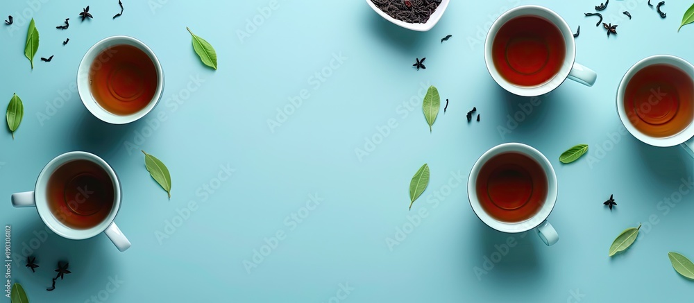 Aufkleber a flat lay arrangement with cups of fragrant black tea on a light blue backdrop providing space for 