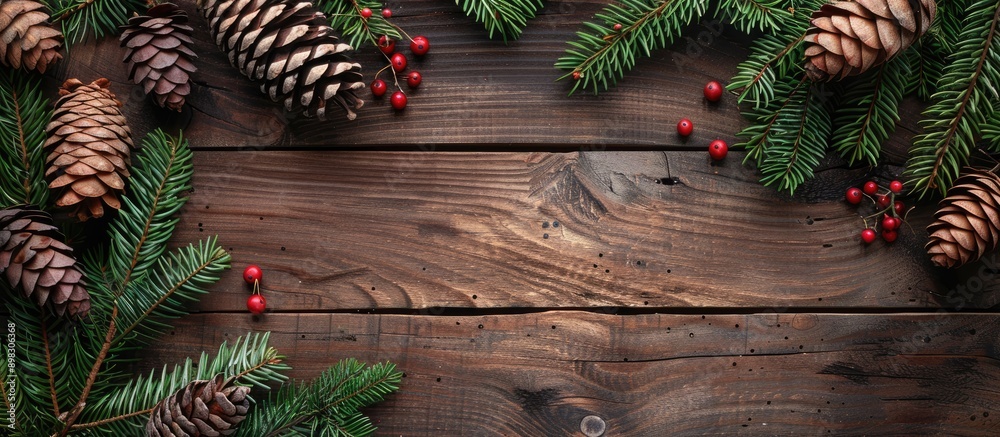 Poster top view of christmas tree branches pine cones and red berries on an old wooden background with copy