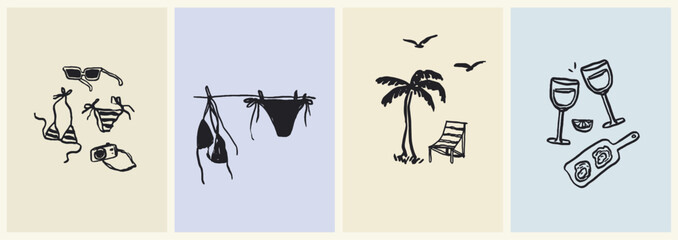 Charcoal doodle style vector illustrations poster or placard set. Creative summer print, label, cover. Ink hand drawn design elements. Sea vacation collection for invitation to beach party or picnic.