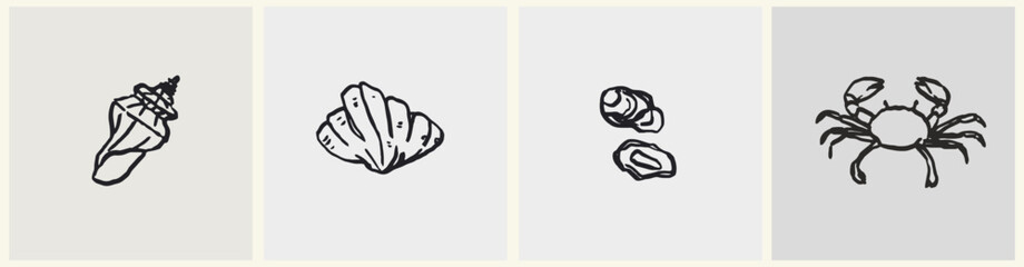 Ink tattoo sea animals collection. Contemporary abstract minimal art in charcoal or crayon drawing style vector illustration. Ink hand drawn sea shells set. Pencil drawn design elements.