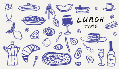 Hand drawn crayon food illustration. Sketch style breakfast, lunch icons. Vector of wine glass, croissant, spaghetti and Illustrations for invitations, menus and parties. La dolce vita italian style.