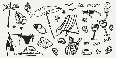 Chalk doodle style vector illustrations set. Creative summer print, label, cover. Ink hand drawn design elements. Sea vacation collection for invitation to beach party, picnic or save the date.