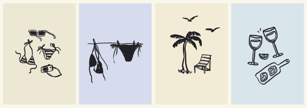 Charcoal doodle style vector illustrations poster or placard set. Creative summer print, label, cover. Ink hand drawn design elements. Sea vacation collection for invitation to beach party or picnic.