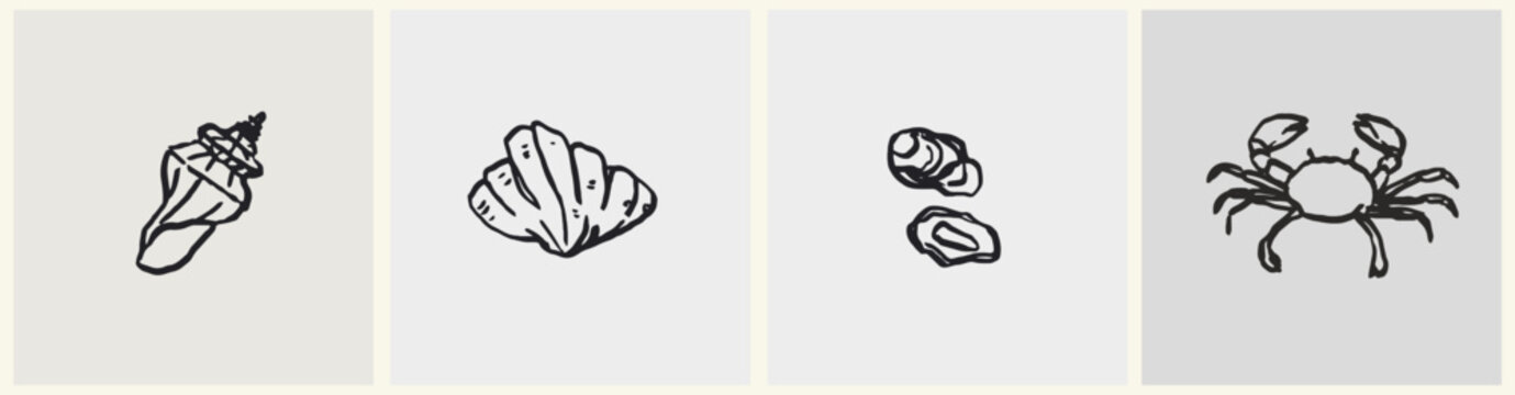 Ink tattoo sea animals collection. Contemporary abstract minimal art in charcoal or crayon drawing style vector illustration. Ink hand drawn sea shells set. Pencil drawn design elements.