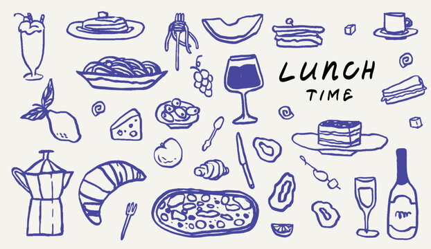 Hand drawn crayon food illustration. Sketch style breakfast, lunch icons. Vector of wine glass, croissant, spaghetti and Illustrations for invitations, menus and parties. La dolce vita italian style.