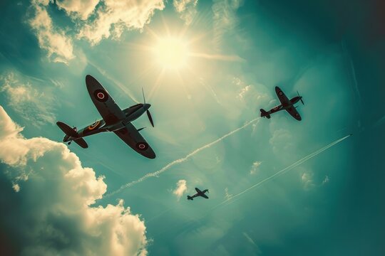 A vintage airshow with classic planes performing aerial acrobatics against a bright