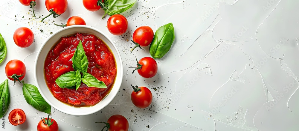 Poster top view of cherry tomatoes green basil and tomato sauce in a bowl on a white background with copy s