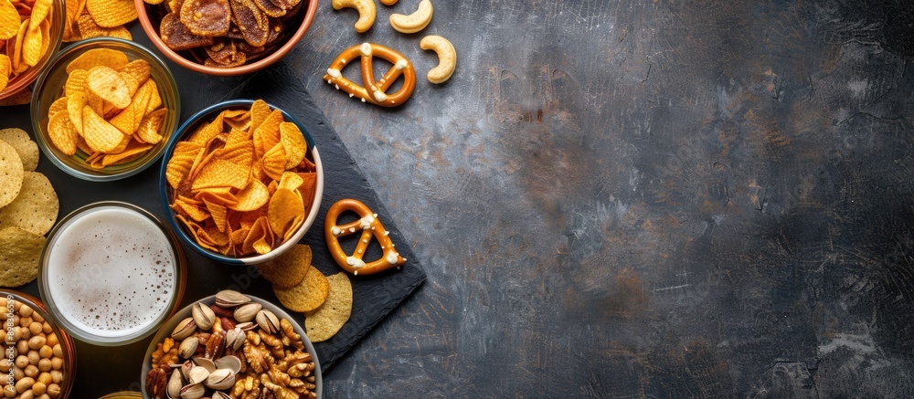 Poster A top down view of lager beer snacks like nuts chips and pretzels on a stone table accompanied by a chalkboard for copy space image