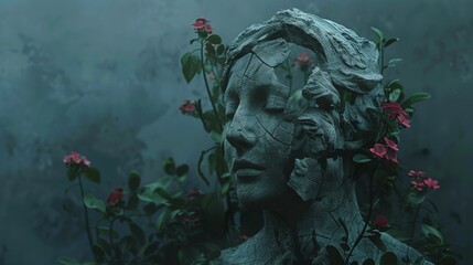 Stone Face Statue with Cracks and Red Flowers