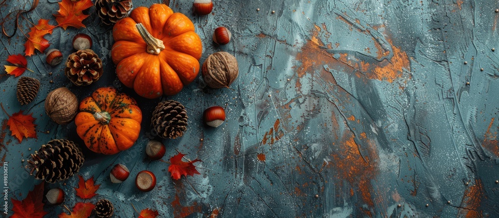 Poster autumn themed arrangement featuring pumpkins hazelnuts and cones on a textured surface with a fall a