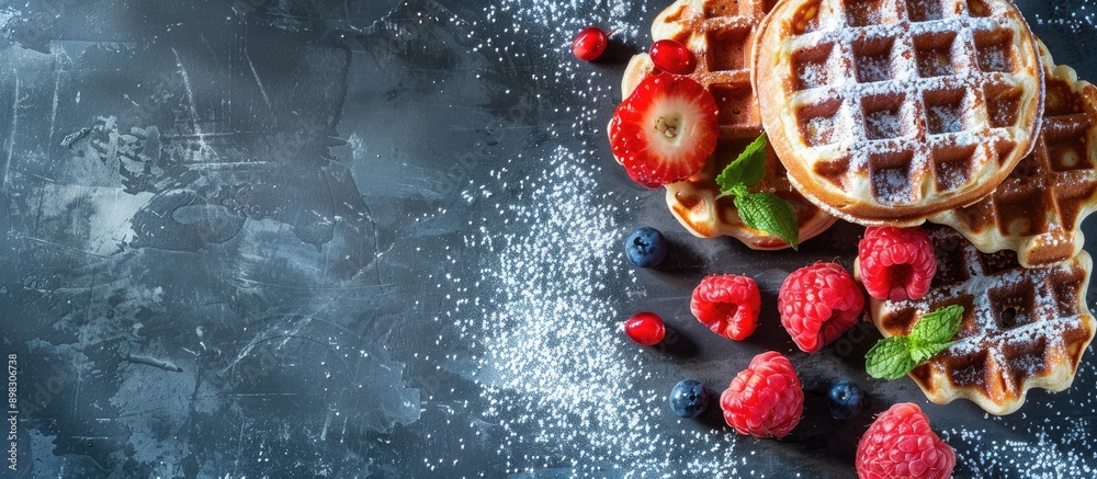 Poster Top view of Belgian waffles on a menu concept background with copy space image for text perfect for showcasing a sweet dessert option with organic and healthy eating connotations