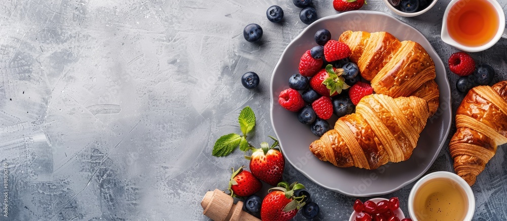 Poster top view of a breakfast spread featuring croissants and fresh fruits with copy space image