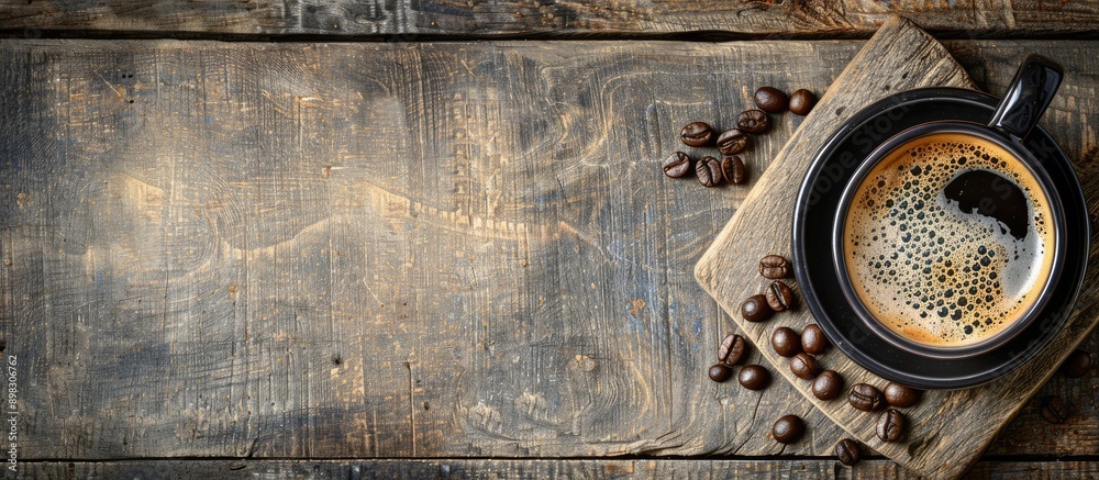 Aufkleber top view of a black cup of hot coffee with cream and beans placed on a brown weathered wooden board 