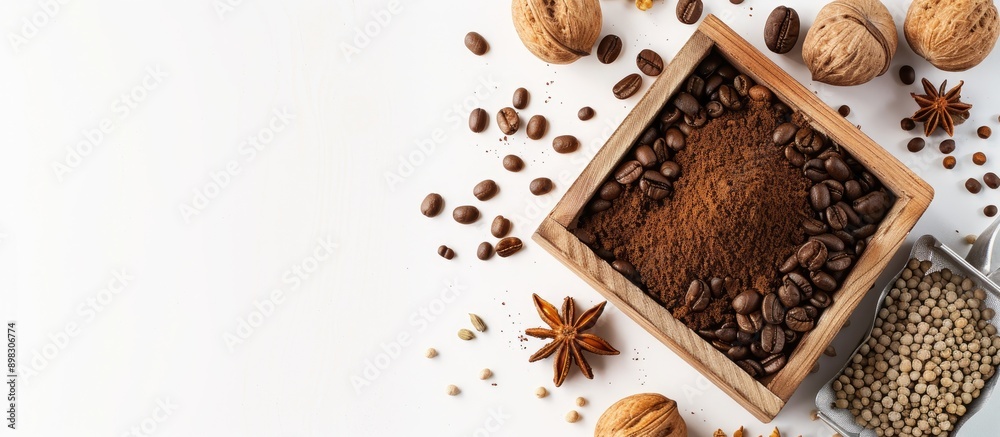 Aufkleber A beautiful display featuring coffee beans walnuts in a wooden box and spices on a white background viewed from the top with a flat lay perspective including copy space image for text and design