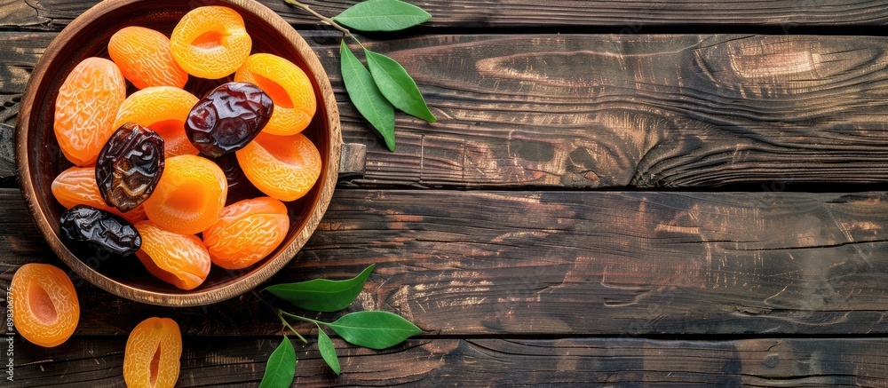 Aufkleber Top view of date fruits and dried apricots arranged on a rustic wooden table with copy space image