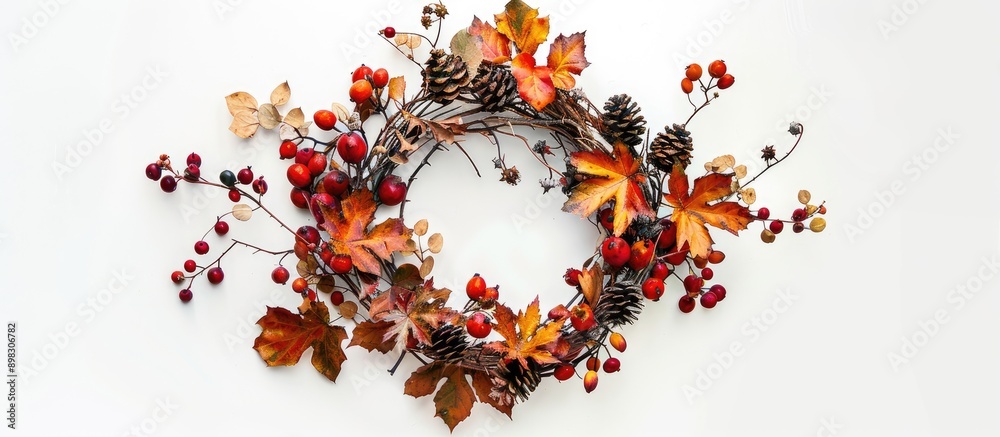 Leinwandbilder circular autumn wreath made of dried leaves twigs rose hips and pine cones on a white background por