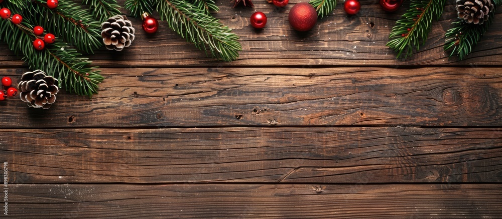 Aufkleber top view of a christmas themed wooden background with ample copy space image