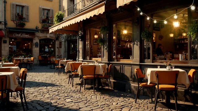 Cozy street with cafe tables in the city area