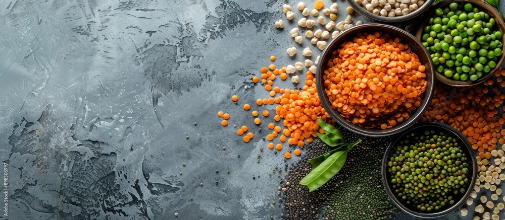 Aufkleber an aerial shot of various peas lentils and legumes on a gray backdrop with ample copy space image