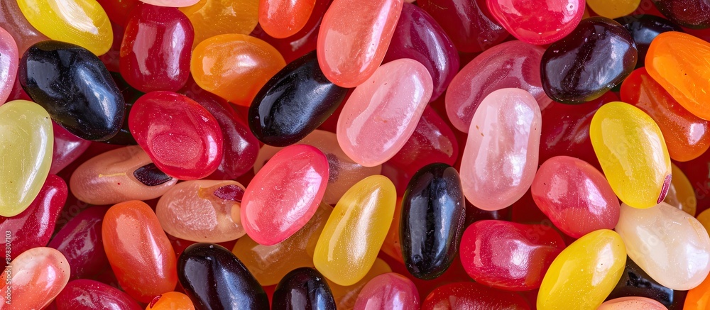 Poster A vibrant array of assorted sized jelly beans arranged near a copy space image